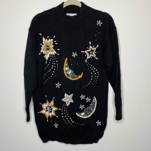 Vintage P'Galli Celestial Beaded Star Moon Sequin Embroidered Knit Sweater